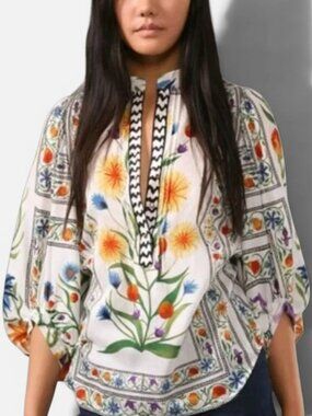 Diane von Furstenberg Syrah Floral Silk Blend Blouse Sz 8 Boho Tunic Top